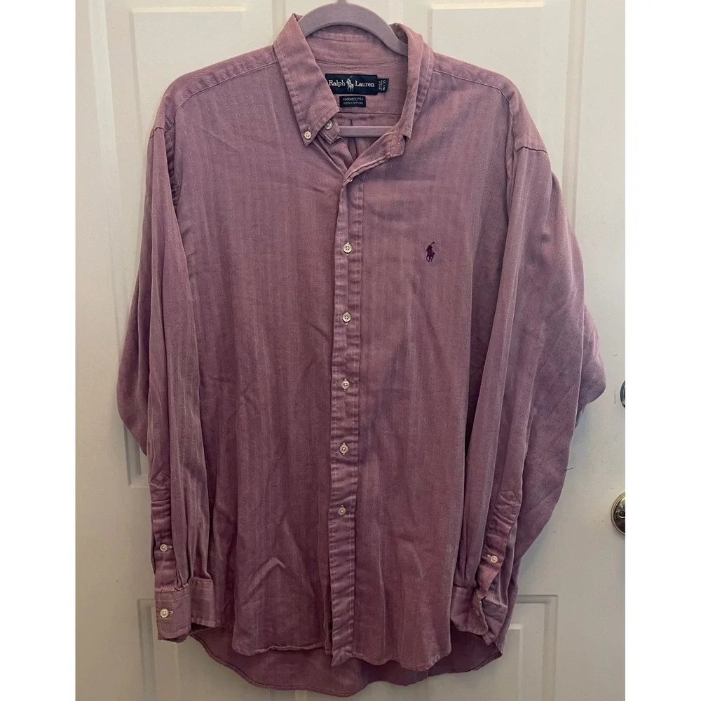 Ralph Lauren Yarmouth Mens 16.5 35 Burgundy Herringbone Cotton‎ Shirt Pony - Picture 2 of 7